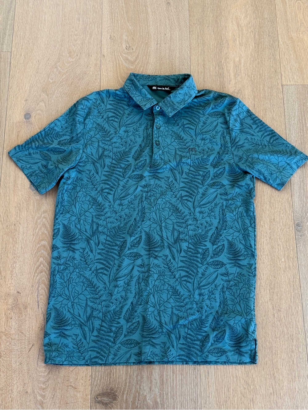 Travis Mathew Mens Medium Polo Shirt Teal Green Fern Leaf Print